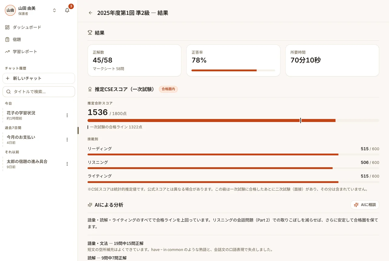 保護者が見る過去問の結果画面（パソコン・原寸で開く）