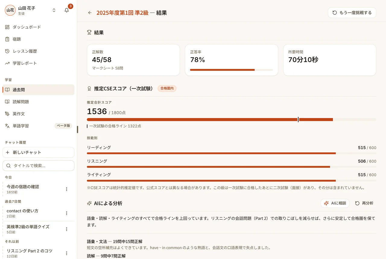 過去問の結果画面。正答率、推定CSEスコア、AIによる分析（パソコン・原寸で開く）