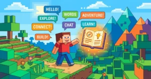 マインクラフトのキャラクターが英語のスピーチバブルに囲まれ、学習している様子を表現したフラットベクトルイラスト