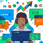 ゲーミングヘッドセット装着した人物と、カラフルな吹き出しやゲーム要素を表現した幾何学的図形が配置された、フラットデザインのイラスト