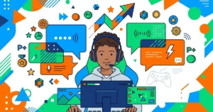 ゲーミングヘッドセット装着した人物と、カラフルな吹き出しやゲーム要素を表現した幾何学的図形が配置された、フラットデザインのイラスト
